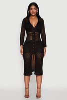 Womens Pointelle Crochet Button Front Midi Dress,