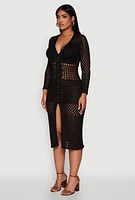 Womens Pointelle Crochet Button Front Midi Dress,