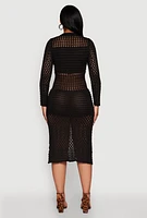 Womens Pointelle Crochet Button Front Midi Dress,