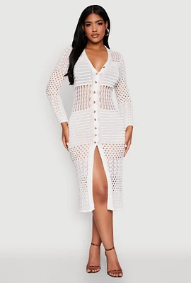 Womens Pointelle Crochet Button Front Midi Dress, White, Size S