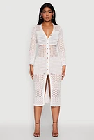 Womens Pointelle Crochet Button Front Midi Dress, White, Size S