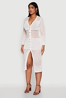 Womens Pointelle Crochet Button Front Midi Dress, White, Size S