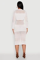 Womens Pointelle Crochet Button Front Midi Dress, White,