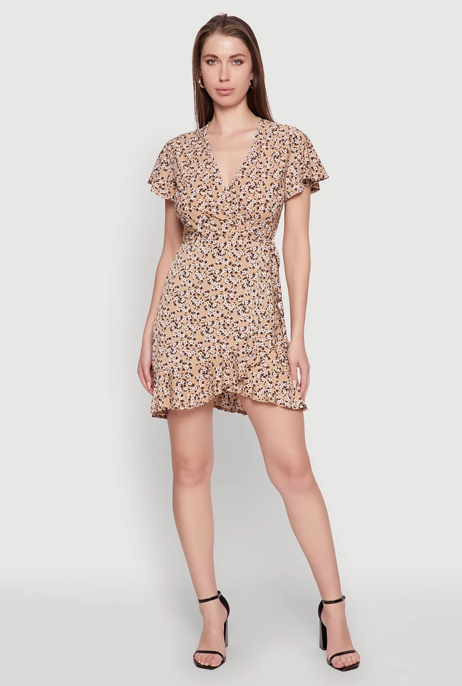 Womens Floral Wrap Dress with Ruffles and V-Neck,