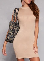 Womens Daisy Ribbed Knit Midi T Shirt Dress, Beige, Size M