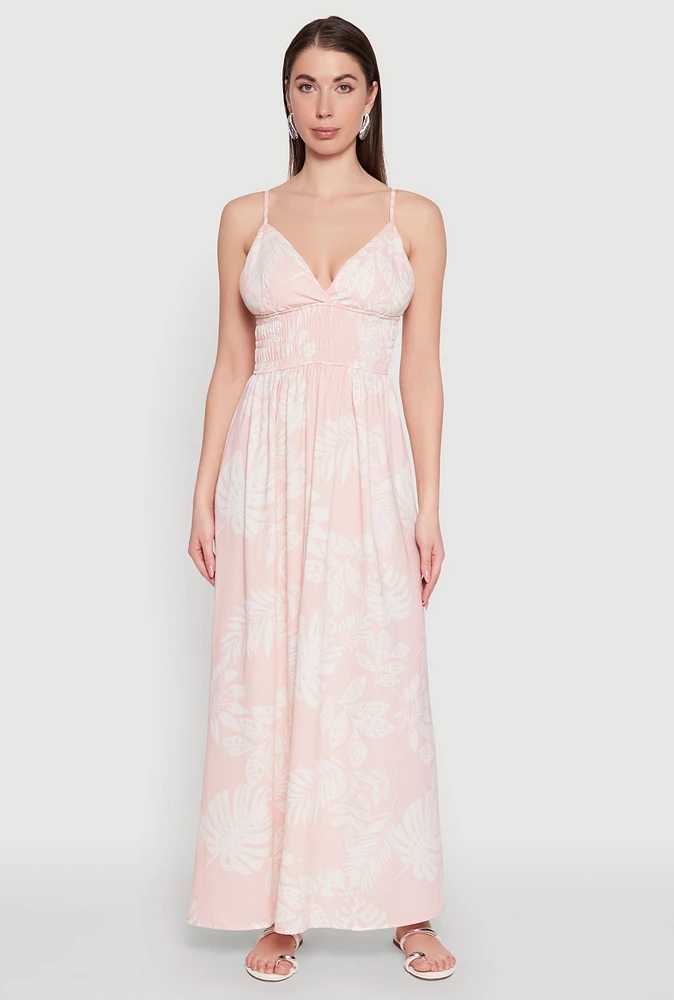 Womens Haute Monde Leaf Print Smocked Maxi Dress, Pink, Size L