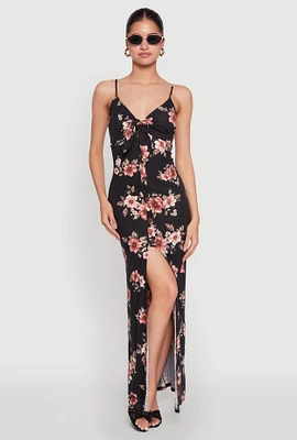 Womens Floral Print Tie Front Cami Maxi Dress,
