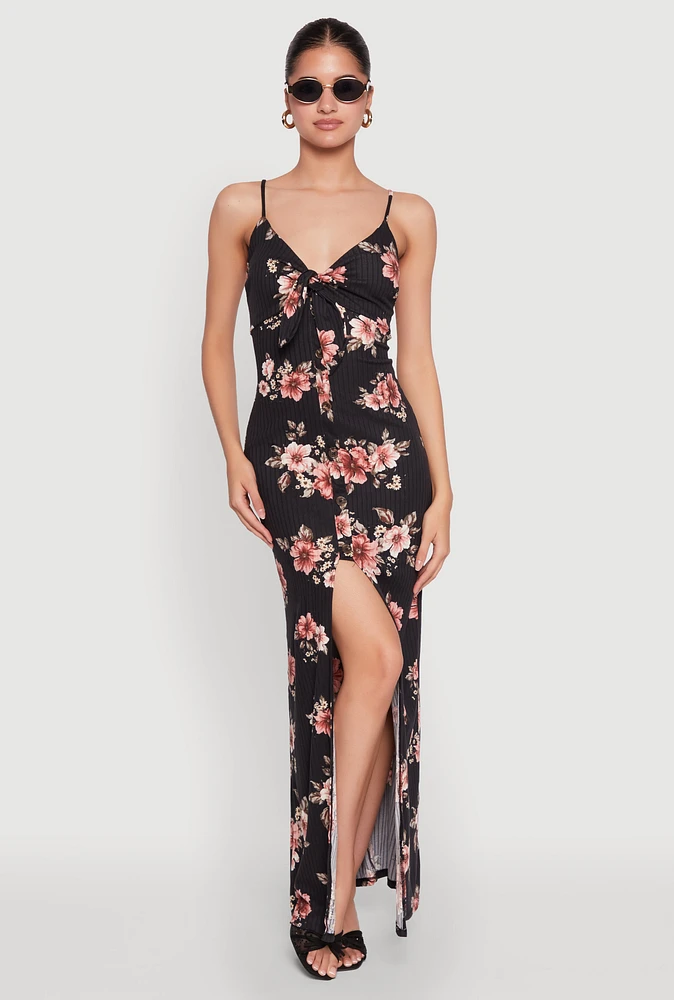 Womens Floral Print Tie Front Cami Maxi Dress, S