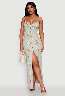Womens Floral Print Tie Front Cami Maxi Dress, S
