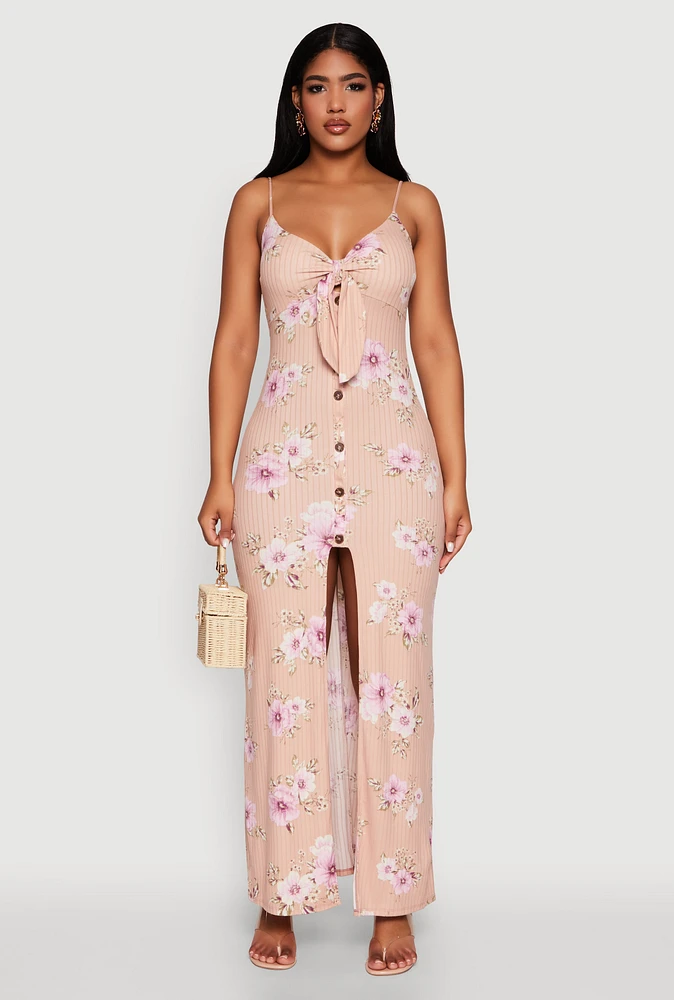 Womens Floral Print Tie Front Cami Maxi Dress, Pink, Size S