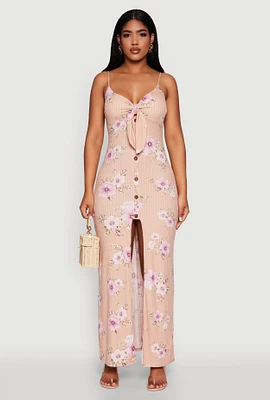 Womens Floral Print Tie Front Cami Maxi Dress, Pink, Size S