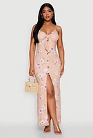 Womens Floral Print Tie Front Cami Maxi Dress, Pink, Size S