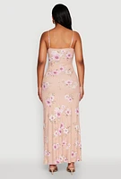 Womens Floral Print Tie Front Cami Maxi Dress, Pink, Size S