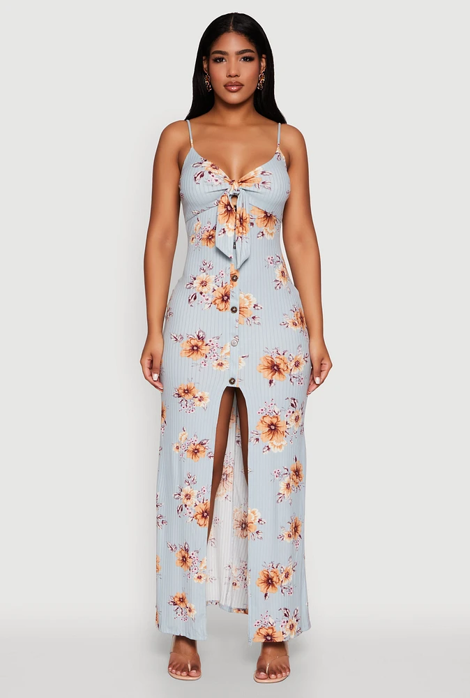 Womens Floral Print Tie Front Cami Maxi Dress, Blue, Size S