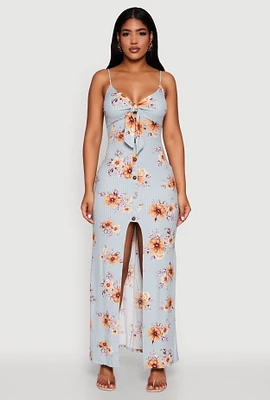 Womens Floral Print Tie Front Cami Maxi Dress, Blue, Size S