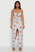 Womens Floral Print Tie Front Cami Maxi Dress, Blue, Size S