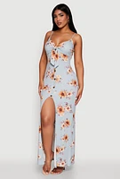 Womens Floral Print Tie Front Cami Maxi Dress, Blue, Size S