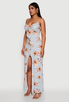 Womens Floral Print Tie Front Cami Maxi Dress, Blue, Size S