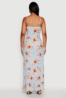 Womens Floral Print Tie Front Cami Maxi Dress, Blue, Size S