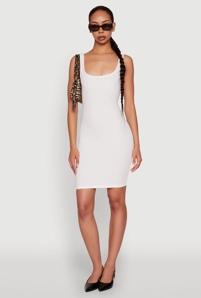 Womens Rib Knit Scoop Neck Tank Dress, White, Size L