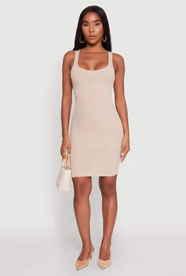 Womens Rib Knit Scoop Neck Tank Dress, Beige, Size S