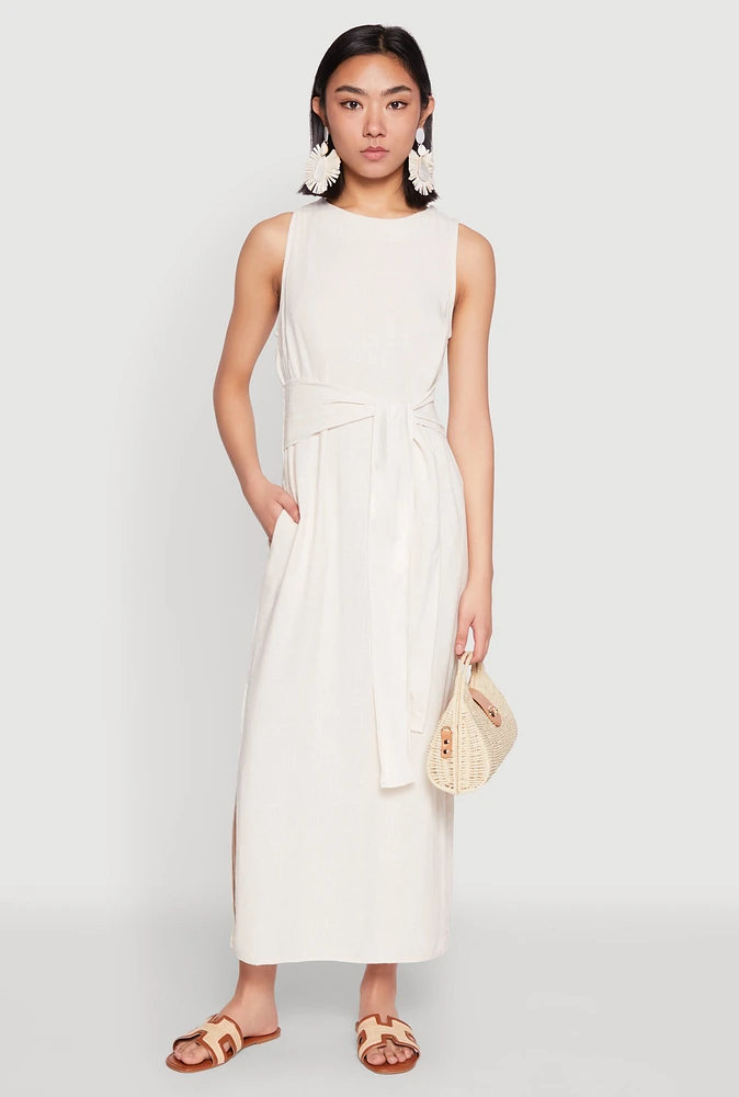 Womens Sleeveless Tie Waist Maxi Dress, White, Size S