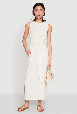 Womens Sleeveless Tie Waist Maxi Dress, White, Size S