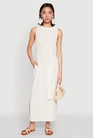 Womens Sleeveless Tie Waist Maxi Dress, White, Size S