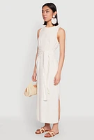 Womens Sleeveless Tie Waist Maxi Dress, White, Size S