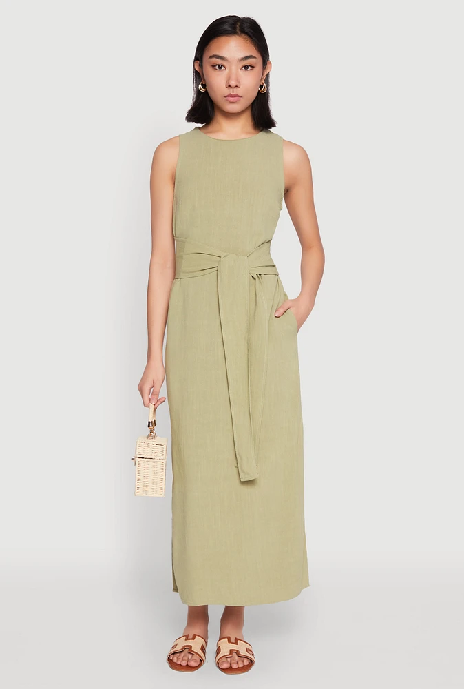 Womens Sleeveless Tie Waist Maxi Dress, M