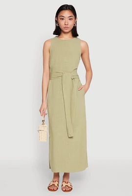 Womens Sleeveless Tie Waist Maxi Dress, M