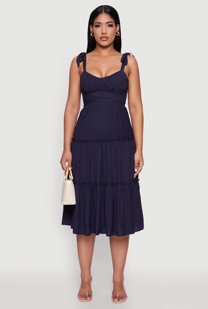 Womens Chic Bow Strap Tiered Sundress with Side Slit, Blue, Size S