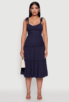 Womens Chic Bow Strap Tiered Sundress with Side Slit, Blue, Size S