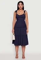 Womens Chic Bow Strap Tiered Sundress with Side Slit, Blue, Size S