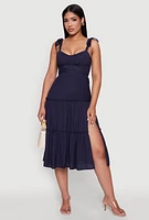 Womens Chic Bow Strap Tiered Sundress with Side Slit, Blue, Size S