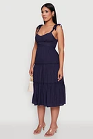Womens Chic Bow Strap Tiered Sundress with Side Slit, Blue, Size S