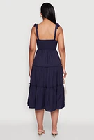 Womens Chic Bow Strap Tiered Sundress with Side Slit, Blue, Size S