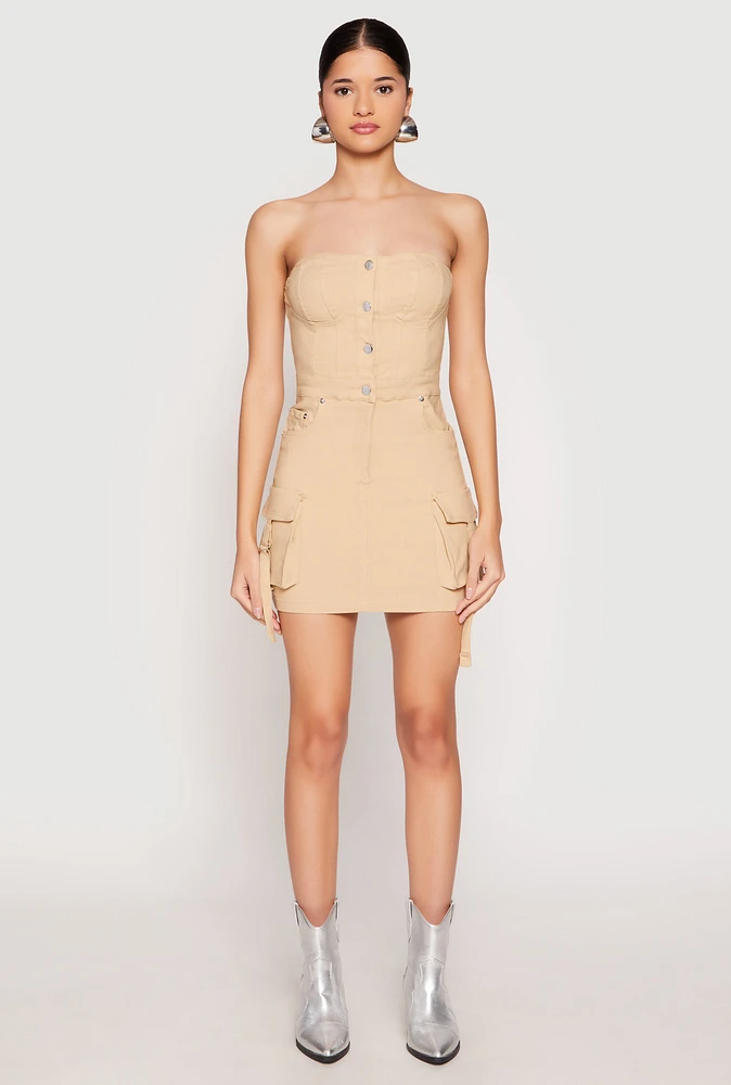 Womens Strapless Bustier Cargo Mini Dress,