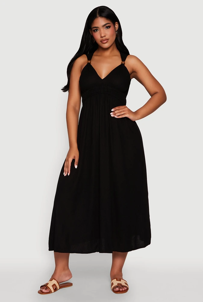 Womens Haute Monde Linen Wood Beaded Strap Sundress,