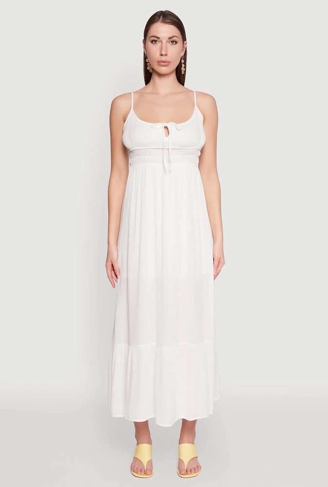 Womens Tie Front Keyhole Maxi Dress, White, Size M