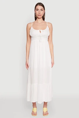 Womens Tie Front Keyhole Maxi Dress, White, Size M