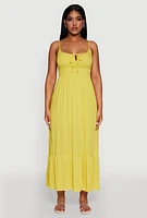 Womens Tie Front Keyhole Maxi Dress, Yellow, Size M