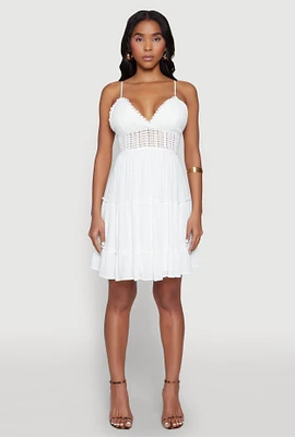 Womens Crochet Tiered Dress, White, Size S