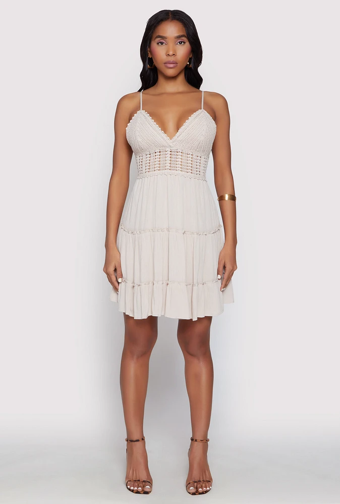 Womens Crochet Tiered Dress, Beige, Size S