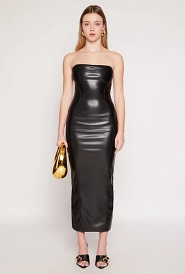 Womens Faux Leather Cut Out Back Maxi Tube Dress, S