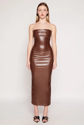 Womens Faux Leather Cut Out Back Maxi Tube Dress, Brown, Size M