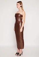 Womens Faux Leather Cut Out Back Maxi Tube Dress, Brown, Size S