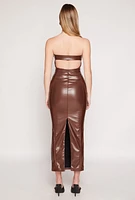 Womens Faux Leather Cut Out Back Maxi Tube Dress, Brown, Size S