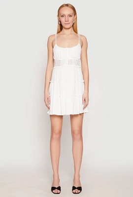 Womens Crochet Detail Smocked Tiered Dress, White, Size L