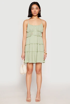 Womens Crochet Detail Smocked Tiered Dress, Green, Size S